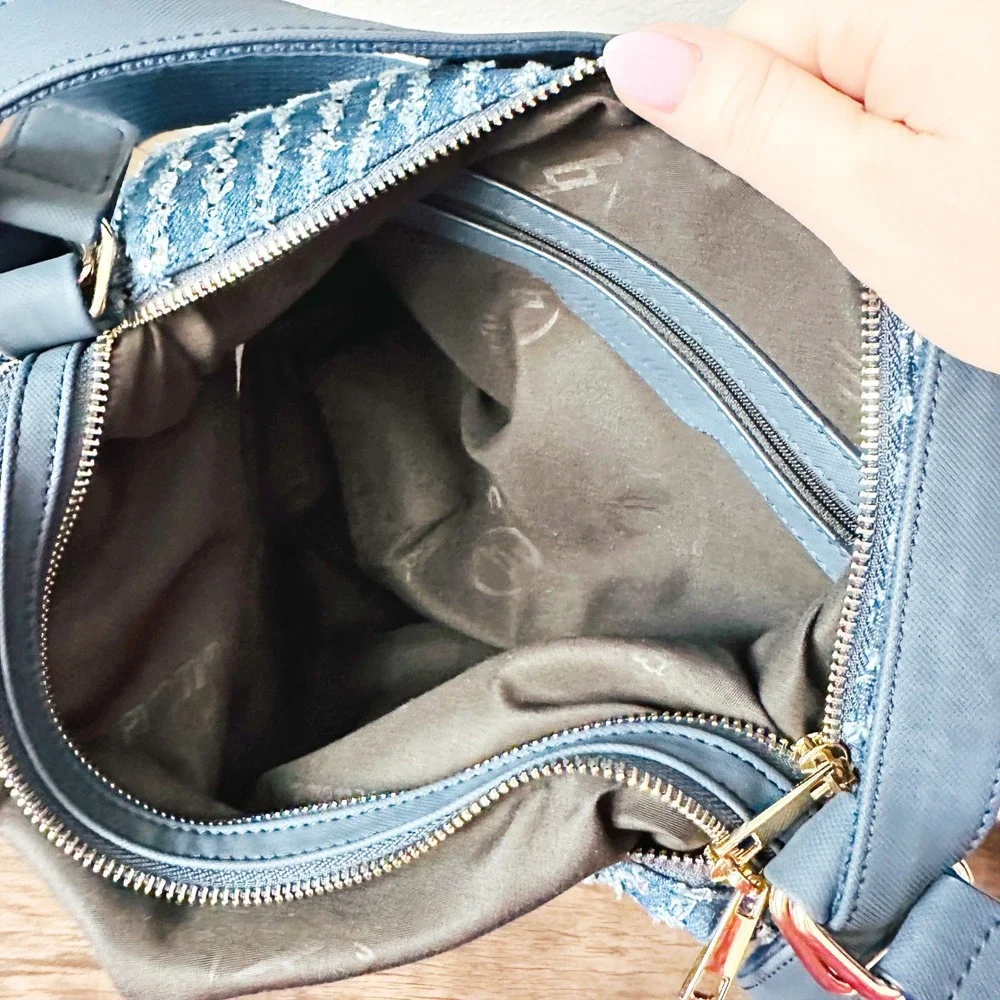 Mellow World Sequin Striped Blue Denim Double Zip Pocket Hobo Shoulder Bag